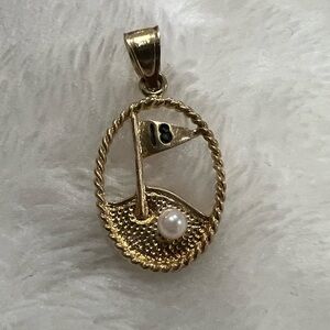 Vintage Circa 18th Hole Golf 14k Gold Pendant Necklace with Pearl Accent
